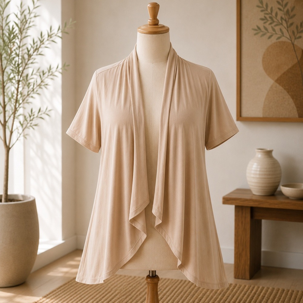 NWT Nina Leonard Cardigan Women Large Tan Miracle Matte Jersey Short Sleeve Wrap